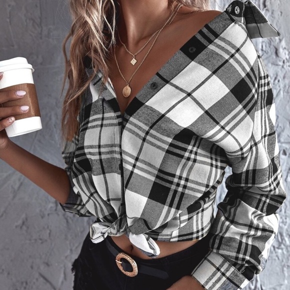 Boho Plaid Front Tie Button Down Long Sleeve Top - Picture 5 of 13